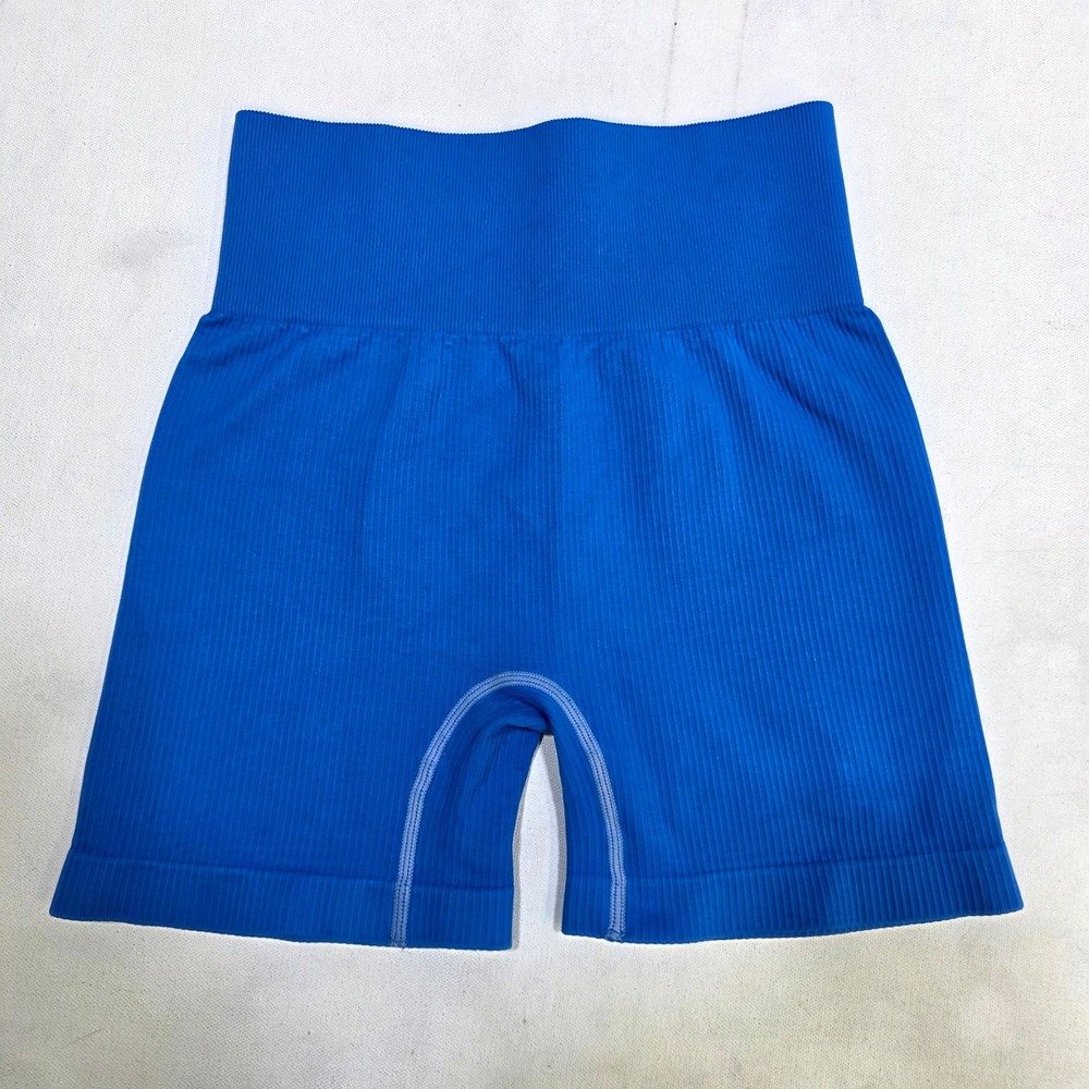Ribbed Seamless Biker Shorts Womens Small Blue High Waist Yoga Sport BohoGym